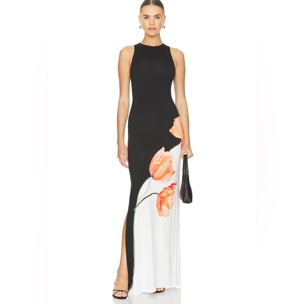 Alice + Olivia Black Maxi Dress with Orange Floral Detail